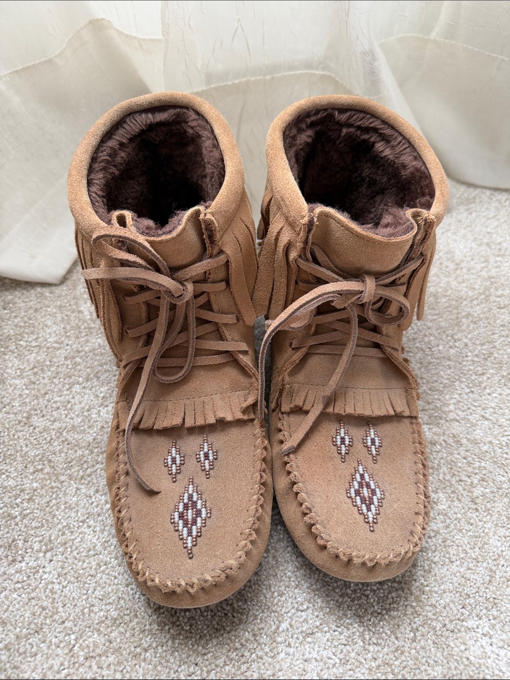 Women's Brown Suede Fringe Moccasin Boots with Beaded Detail